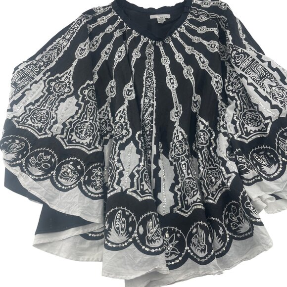 WD-NY Intricate Black White Printed Asymmetrical Blouse Sz 4 Linen Cotton - Picture 1 of 5